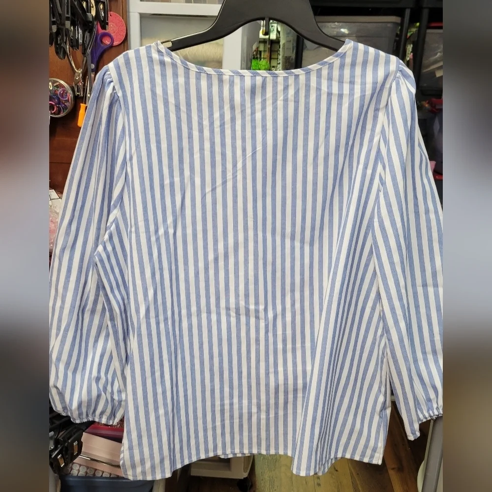 Emery Rose XXL Blue White Striped Blouse Gathered Elastic Wrist